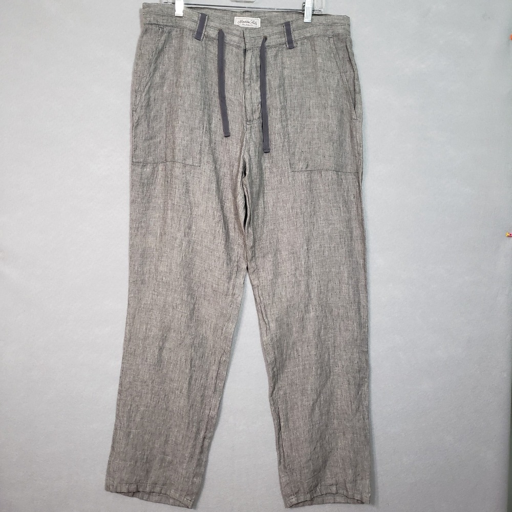 Madda Fella Mens M Linen Pants Gray Drawstring Beach Casual Minimalist Coastal